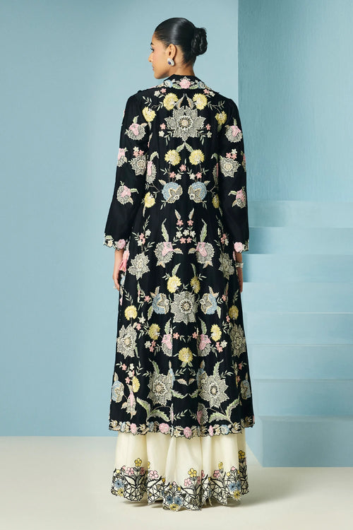 Ivory Contrast Cutwork Lehenga With Jacket