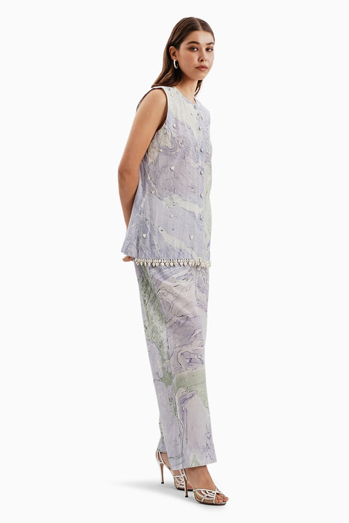Cotton Blue Green Marble Jacket and Pants Set