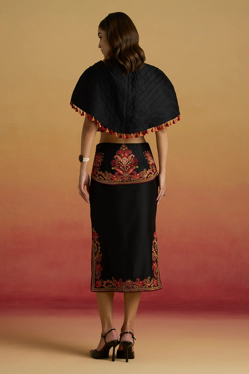 Black Pleated Corset Amaryllis Top with Assymetric Layered Skirt