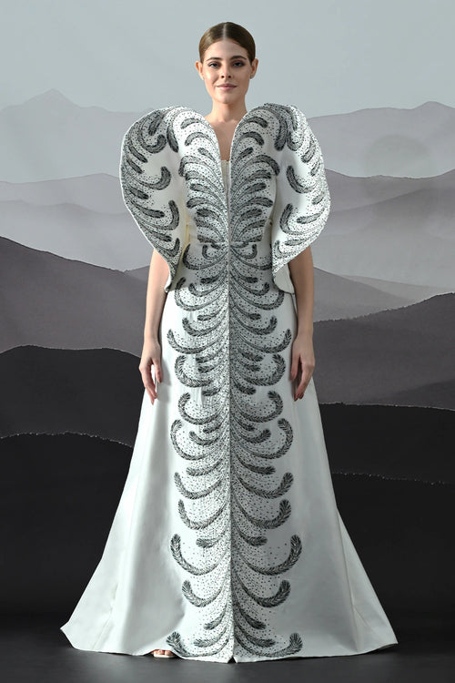 Ivory Gown With Hand-Embroidered Monochrome Motifs