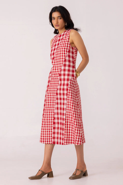 Waltz Red Checkered Handwoven Dress