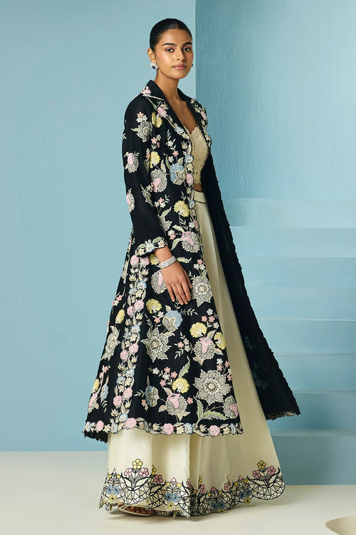 Ivory Contrast Cutwork Lehenga With Jacket