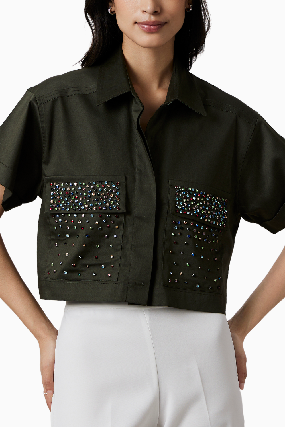 Olive Crop Shirt with Multicolor Swarovski Studs