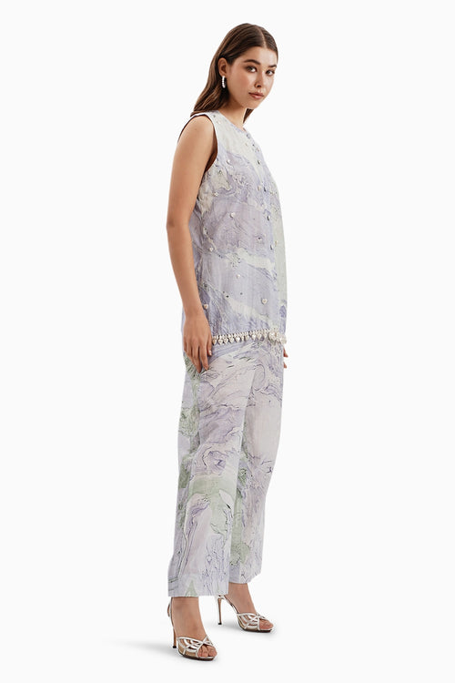 Cotton Blue Green Marble Jacket and Pants Set