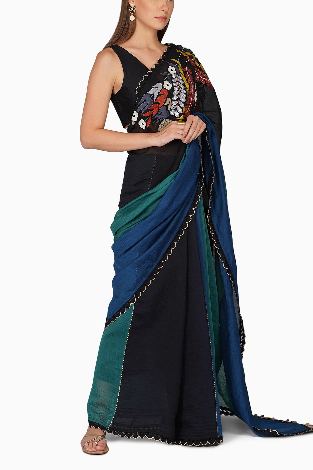 Applique Work Multicoloured Saree Set