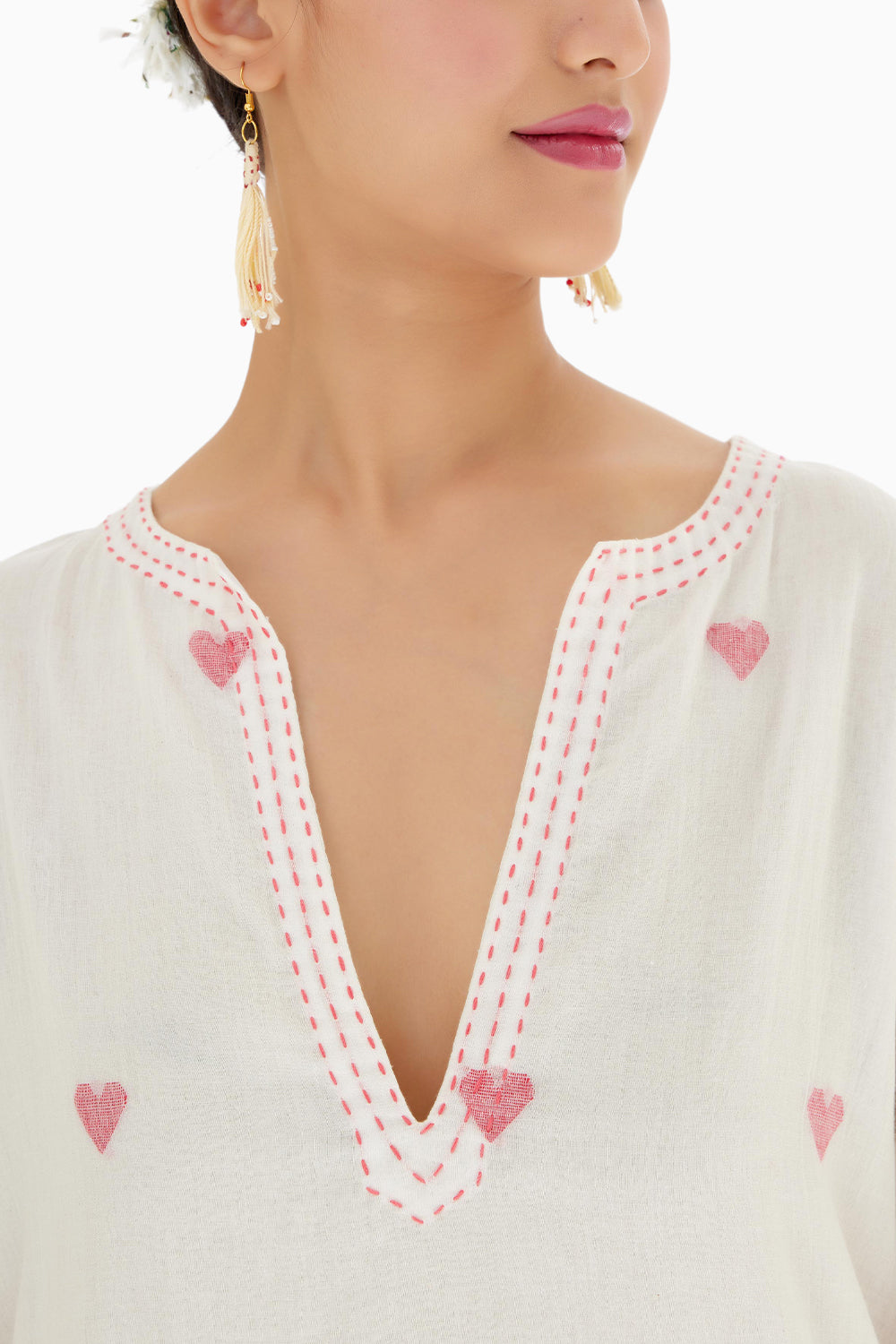 Cream Hand Woven Heart Jamdani Tunic