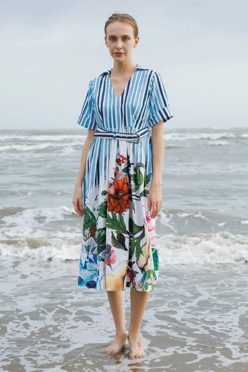 Blue Stripes & Floral Print Dress