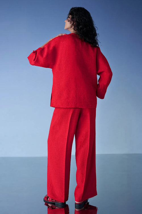 Buttoned Cuff Linen-Textured Shirt and Wide-Legged Pant Set