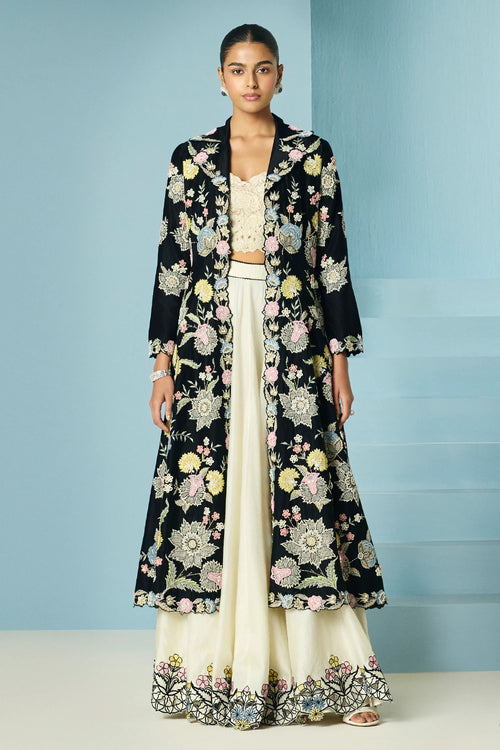 Ivory Contrast Cutwork Lehenga With Jacket