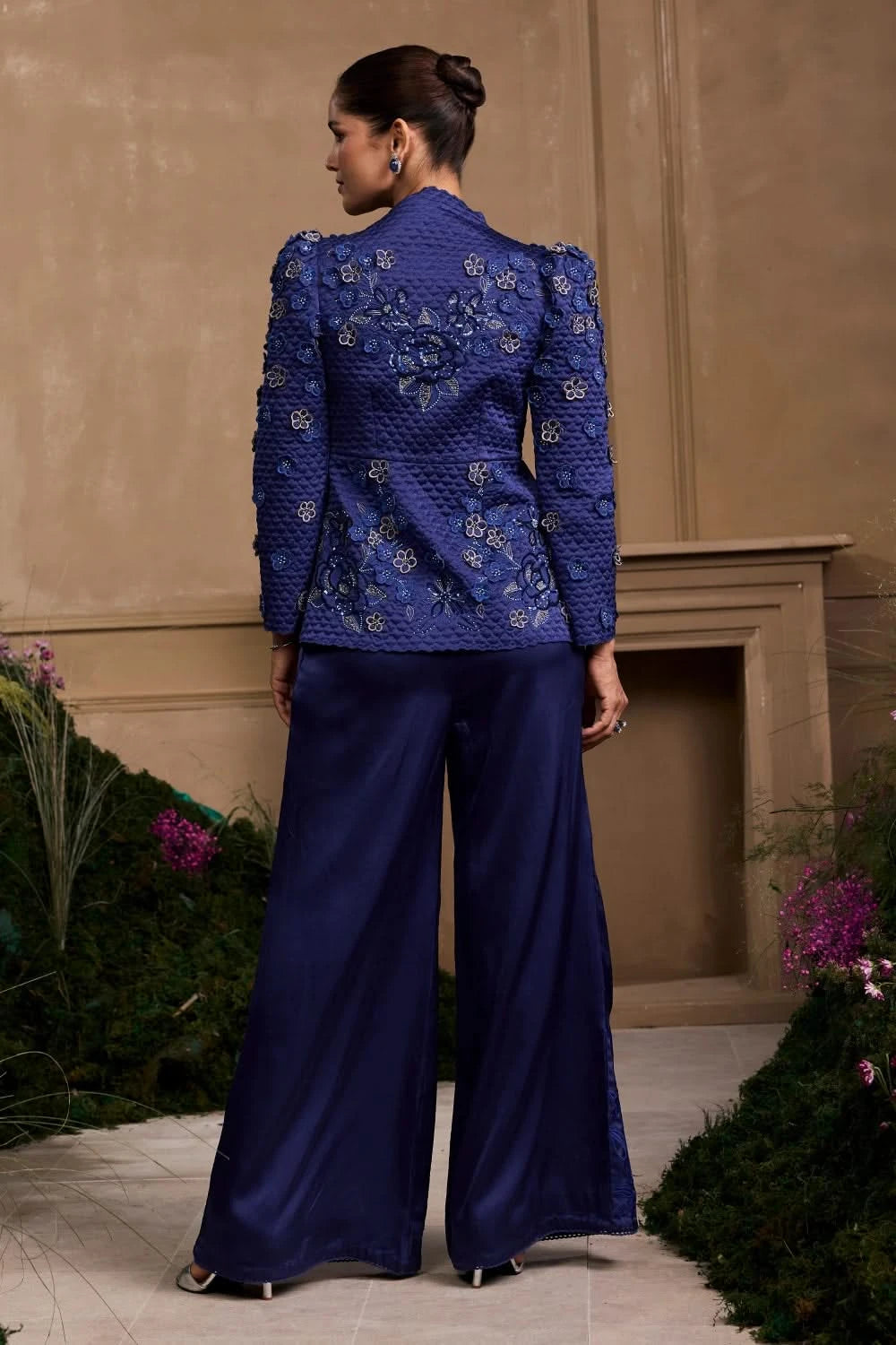 Cobalt Blue Peplum Jacket With Wide Legged Pant