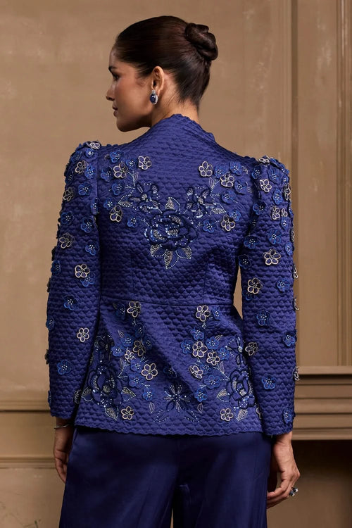 Cobalt Blue Metallic Quilted Peplum Jacket