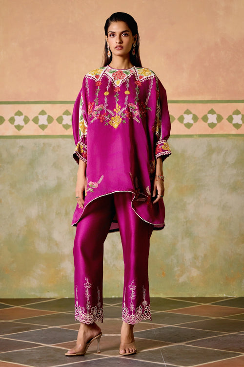 Purple Embroidered Kimono Tunic with Narrow Pants