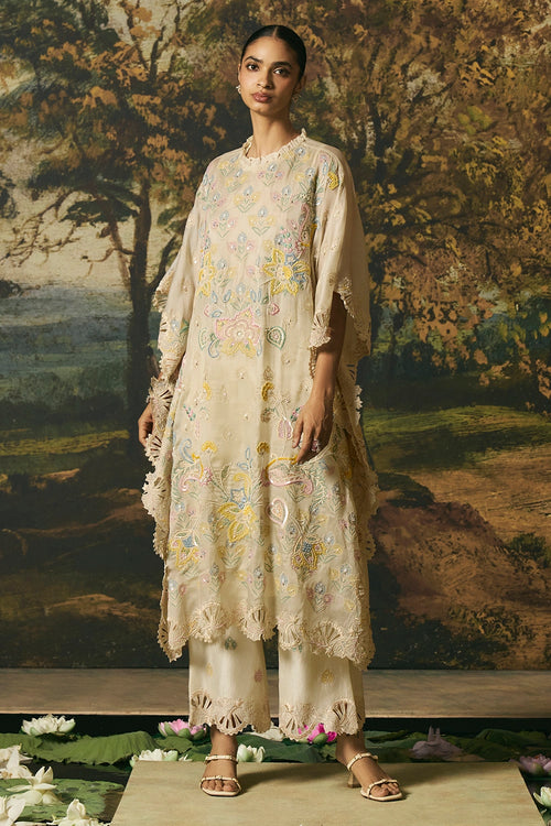 Ivory Paisley Detail Kaftan With Floral Straight Pants