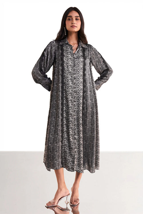 Monochrome Printed Lace Midi Dress