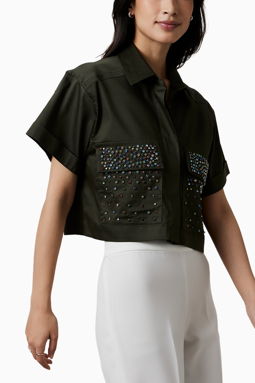 Olive Crop Shirt with Multicolor Swarovski Studs