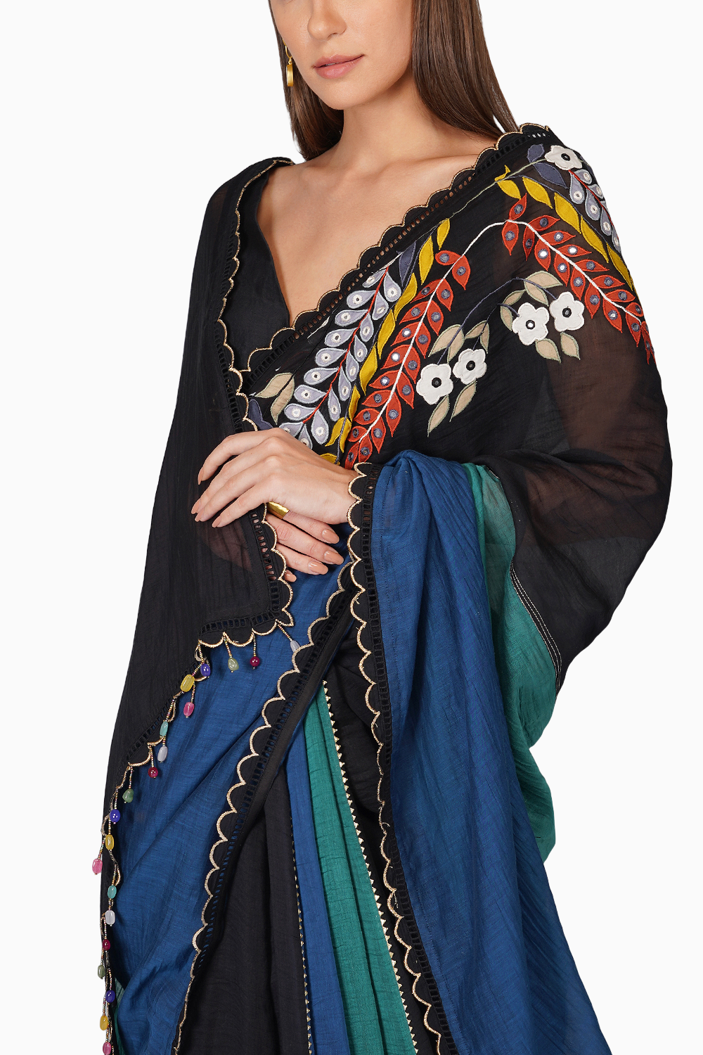 Applique Work Multicoloured Saree Set