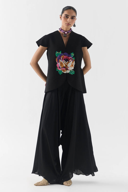 Black Garden Rose Vest And Dhoti Pants Set