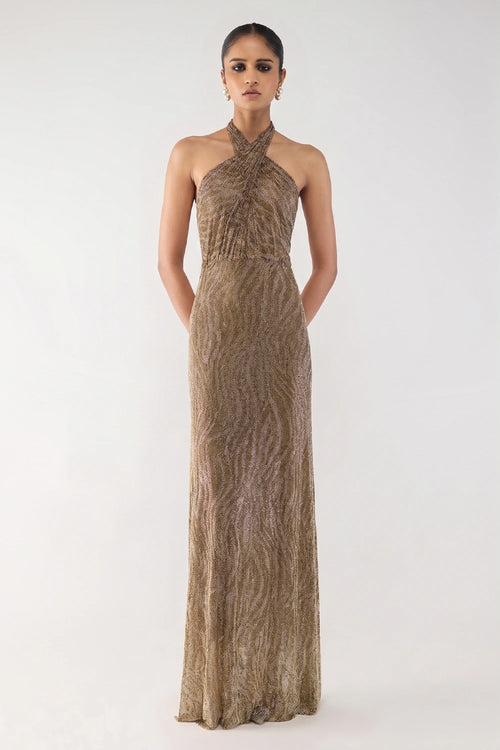 Gold Sequin Halter Gown