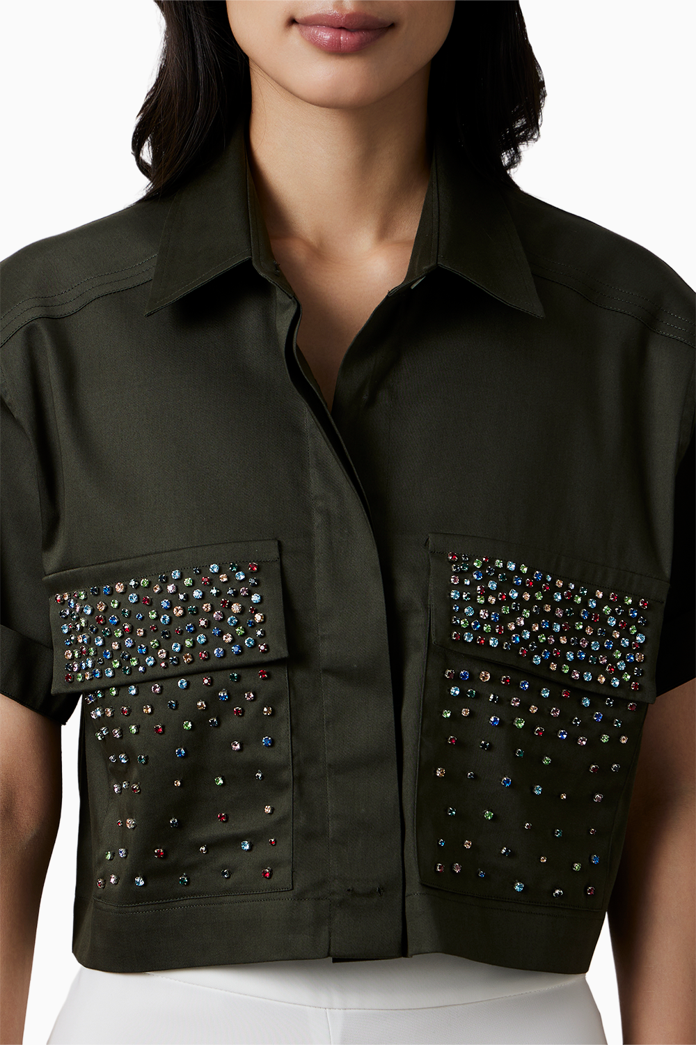 Olive Crop Shirt with Multicolor Swarovski Studs