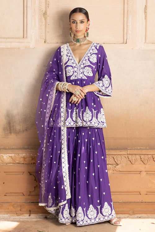 Purple all-over Embroidered Tower Sharara with Dupatta