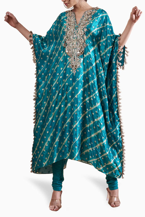 Teal Blue Embroidered Kaftan with Churidar