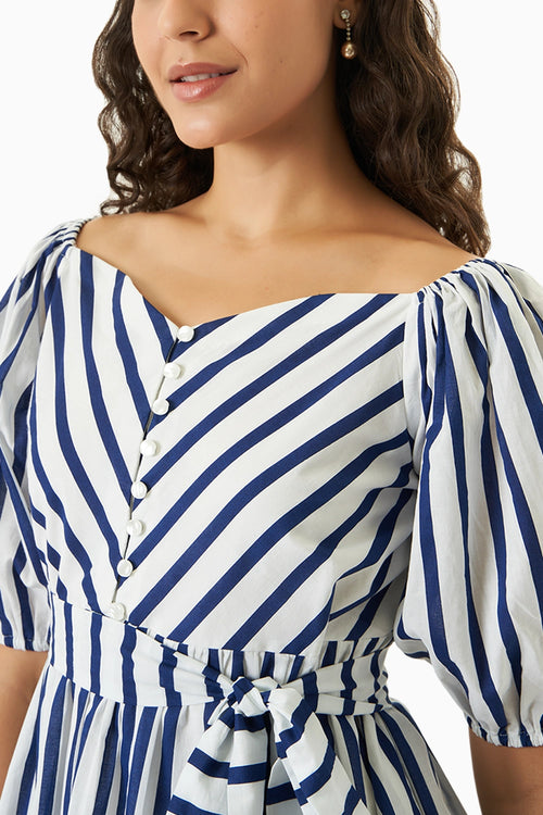 Soft Shoulder Blue Stripe Dress