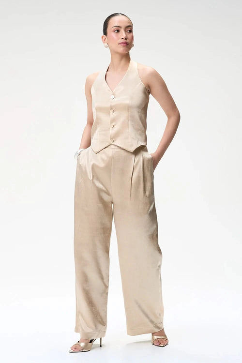Champagne Halter Waistcoat With Gold Buttons and Trouser With Pleats