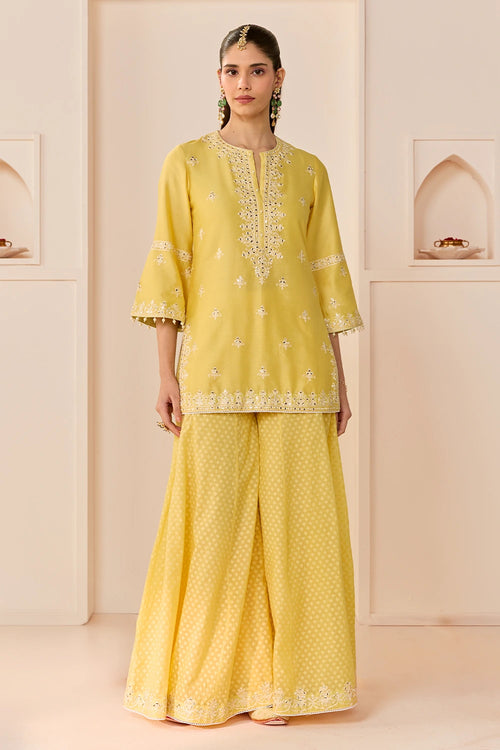 Rehma Lemon Yellow Short Kurta with Sharara and Dupatta