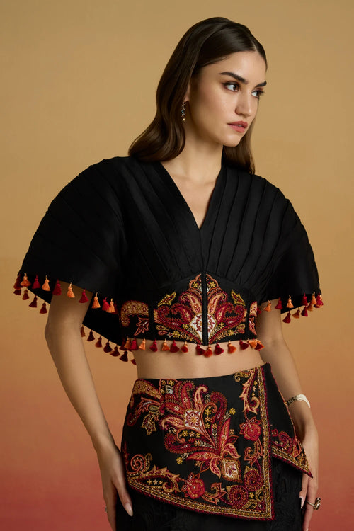 Black Pleated Corset Amaryllis Top with Assymetric Layered Skirt