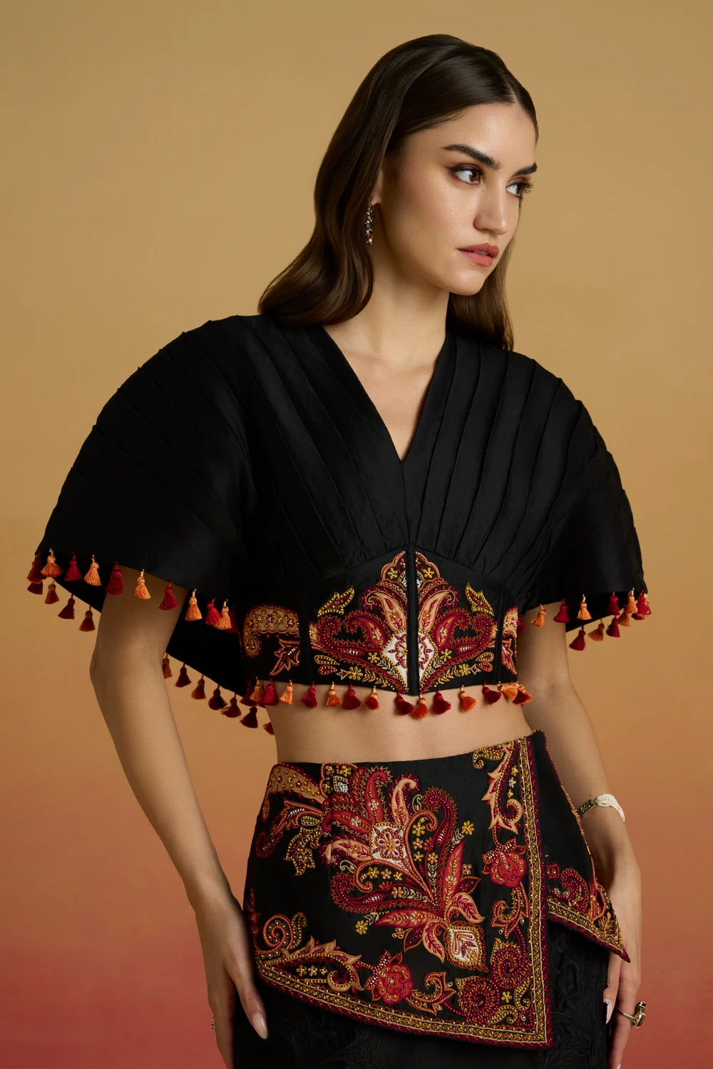 Black Pleated Corset Amaryllis Top with Assymetric Layered Skirt