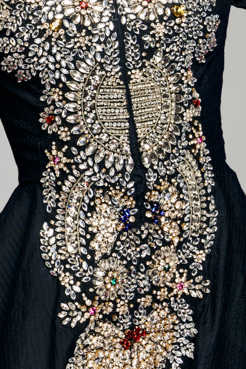 Navy Blue High-Low Dress Defined By Artisanal Embroidery