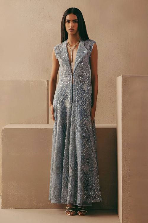 Sky Blue Mirrorwork Wing Collar Long Jacket with Bootcut Pants