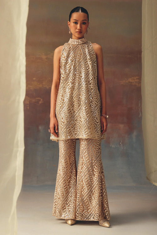 Golden Hi-Neck Dress Top with Bellbottoms