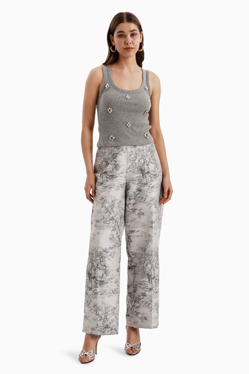 Grey White Silk Jacquard Pants