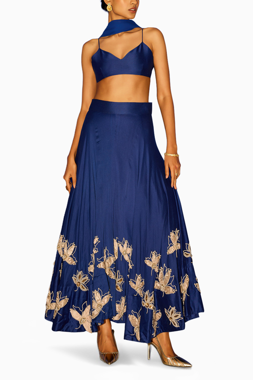 Embroidered Blue Lehenga with Bralette 
and Organza Dupatta