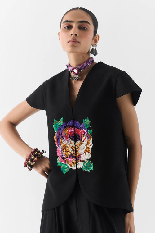 Black Garden Rose Vest And Dhoti Pants Set