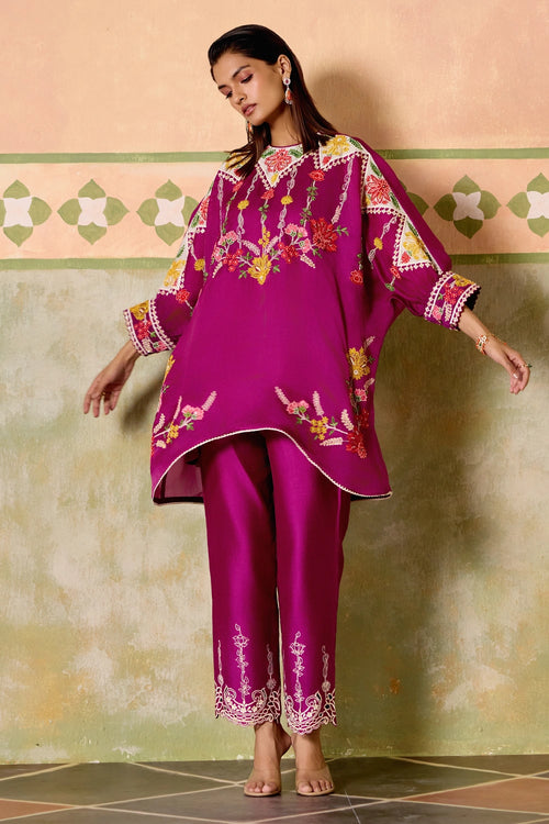 Purple Embroidered Kimono Tunic with Narrow Pants