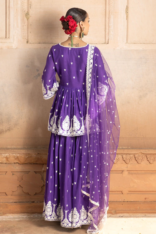 Purple all-over Embroidered Tower Sharara with Dupatta