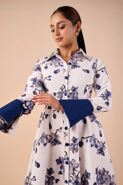 Blue-White Orchid Maxi Shirt Dress