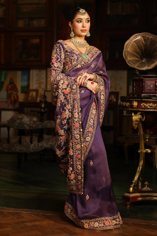 Ahista Purple Mayur Applique Border Saree Set