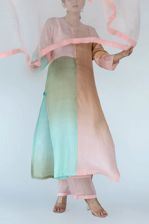 Pink Ombre Color Block Kurta Set
