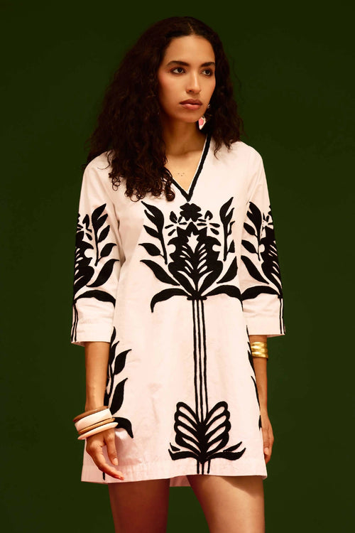 Ivory Cotton Shift Dress with Black Tulip Thread Embroidery