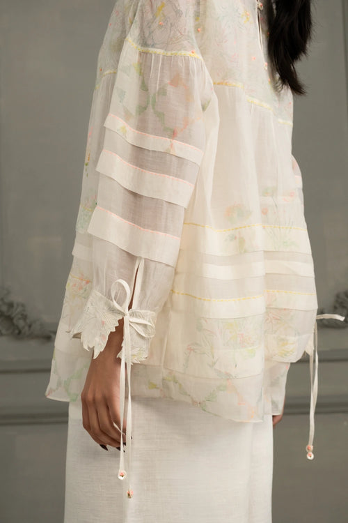 Ivory Mul Chanderi Embroidered Top And Flared Linen Pants