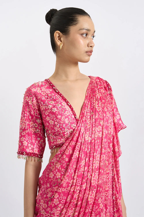 Fuchsia Ruffled Printed Saree Set