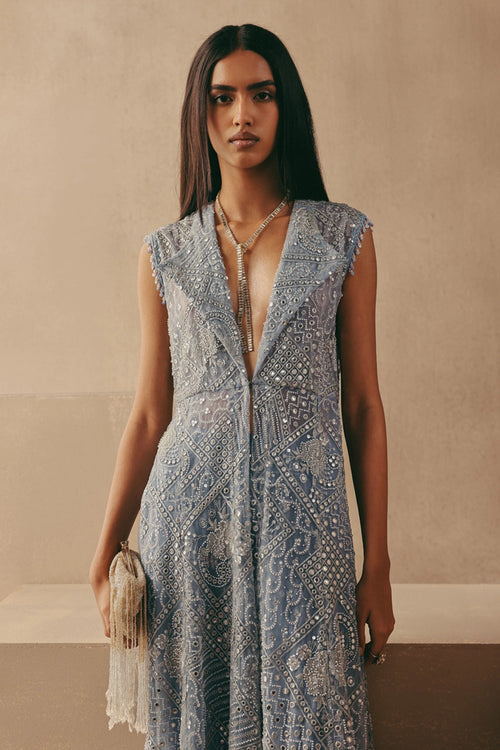 Sky Blue Mirrorwork Wing Collar Long Jacket with Bootcut Pants