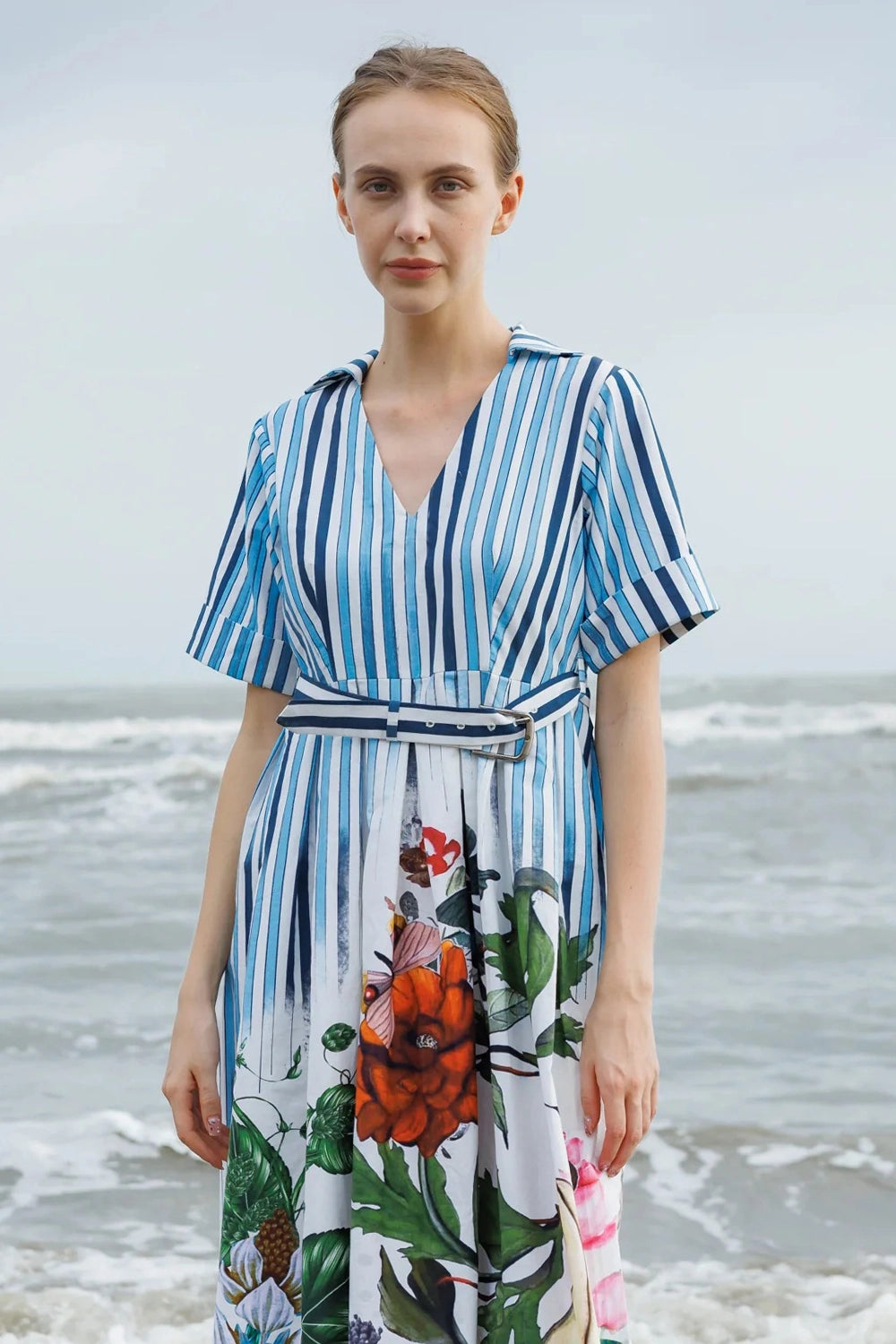 Blue Stripes & Floral Print Dress