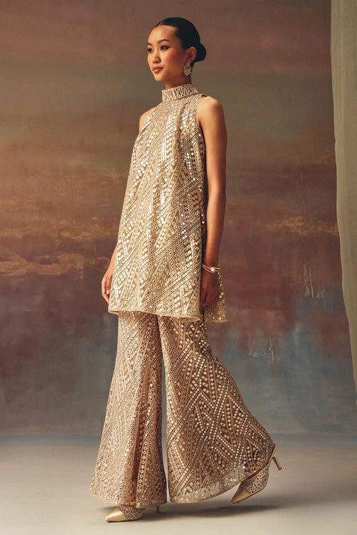 Golden Hi-Neck Dress Top with Bellbottoms