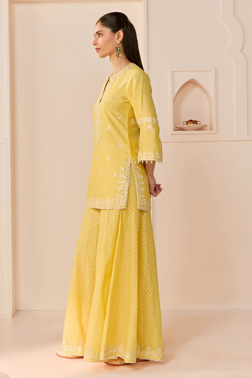 Rehma Lemon Yellow Short Kurta with Sharara and Dupatta