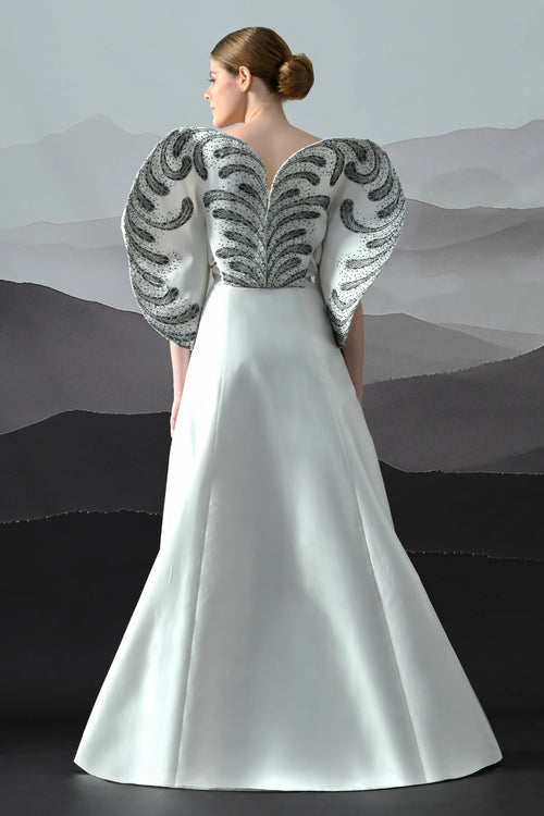 Ivory Gown With Hand-Embroidered Monochrome Motifs