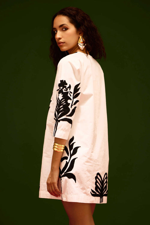 Ivory Cotton Shift Dress with Black Tulip Thread Embroidery